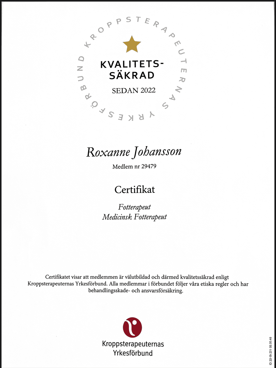 Certifikat som visar medlemskap i Kroppsterapeuternas Yrkesförbund.