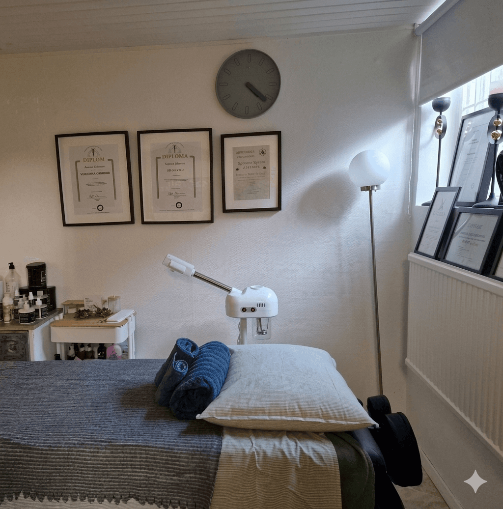 Behandlingsrum med avkopplande ton och naturliga material.